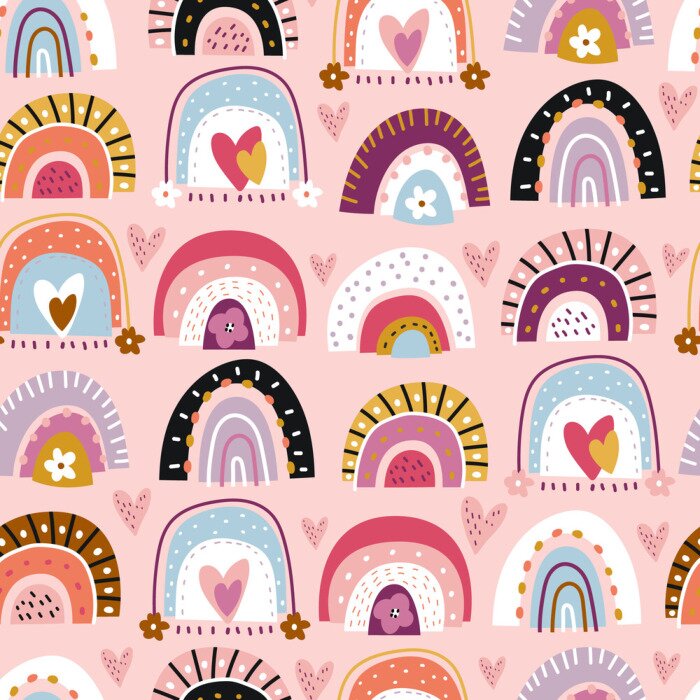 Papier peint à motif  Arc-en-ciel avec des fleurs sur fond rose