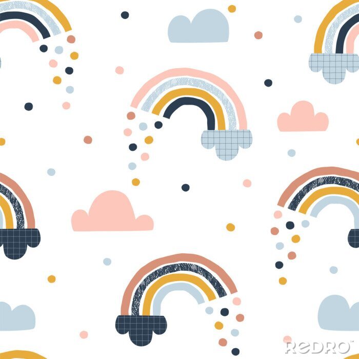 Papier peint à motif  Arc-en-ciel, nuages et gouttes de pluie colorées