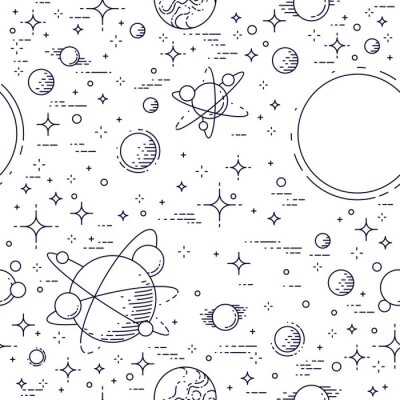 Papier peint à motif  Arrière-plan transparent de l'espace avec des planètes, des étoiles, des astéroïdes et des comètes, tissu cosmique fantastique et intéressant de galaxie inconnue pour les enfants, motif de carrelage s