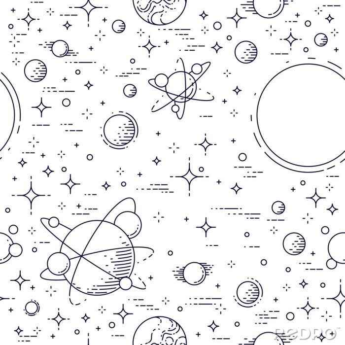 Papier peint à motif  Arrière-plan transparent de l'espace avec des planètes, des étoiles, des astéroïdes et des comètes, tissu cosmique fantastique et intéressant de galaxie inconnue pour les enfants, motif de carrelage s
