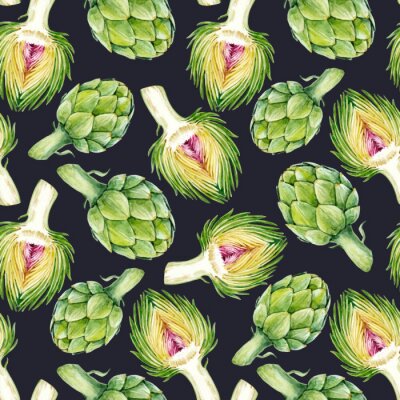 Papier peint à motif  Artichauts colorés sur fond noir