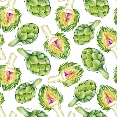 Papier peint à motif  Artichauts peints à l'aquarelle sur fond blanc