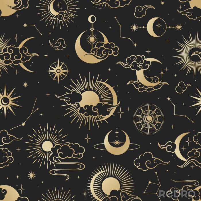 Papier peint à motif  Asian seamless pattern with clouds, moon, sun, stars . Vector collection in oriental chinese, japanese, korean style. Line hand drawn on black background.