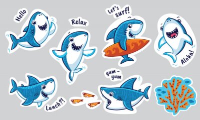 Autocollant serti de requins drôles en style cartoon. Illustration vectorielle