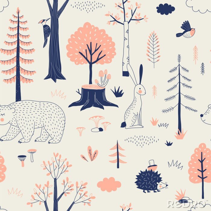 Papier peint à motif  Autumn Forest seamless vector pattern. Woody landscape with Hedgehog Bear Hare creatures repeatable background. Woodland childish print in Scandinavian decorative style. Cute forest animal backdrop.