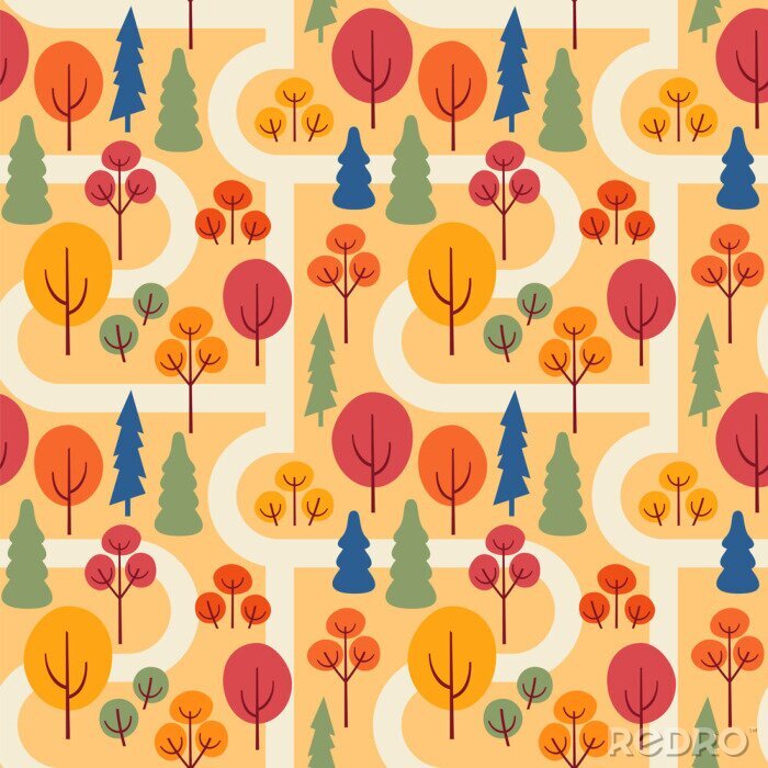 Papier peint à motif  Autumn park with sidewalks. Seamless vector pattern with trees.