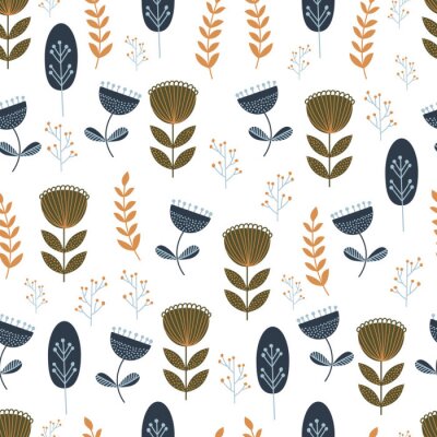 Papier peint à motif  Autumn seamless pattern with wild floral elements. Hand drawn leaves, flowers, herbs. Modern repeatable background with floral motifs. Vector wallpaper. EPS 10