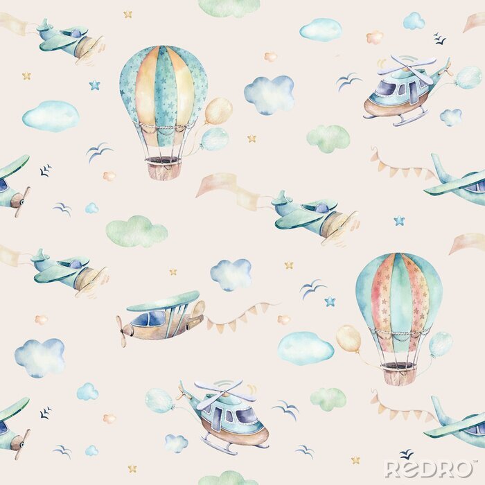 Papier peint à motif  Avions, Montgolfières et ballons entre des nuages version aquarelle