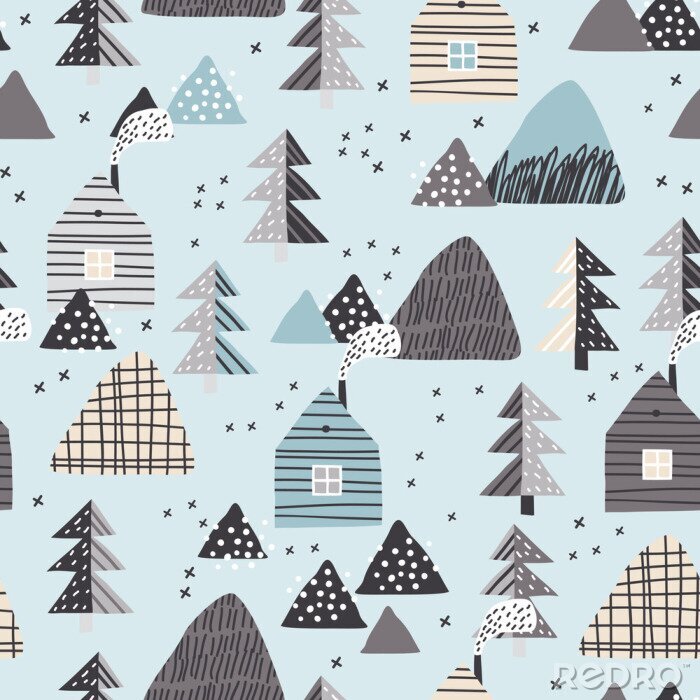 Papier peint à motif  Baby seamless pattern with a mountain landscape, houses and forest. Perfect for cards, invitations, wallpaper, banners, kindergarten, baby shower, children room decoration. Scandinavian landscape.