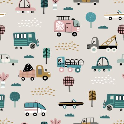 Baby seamless pattern with cute cars. Perfect for kids fabric, textile, nursery wallpaper. Cute vector illustration in scandinavian style.