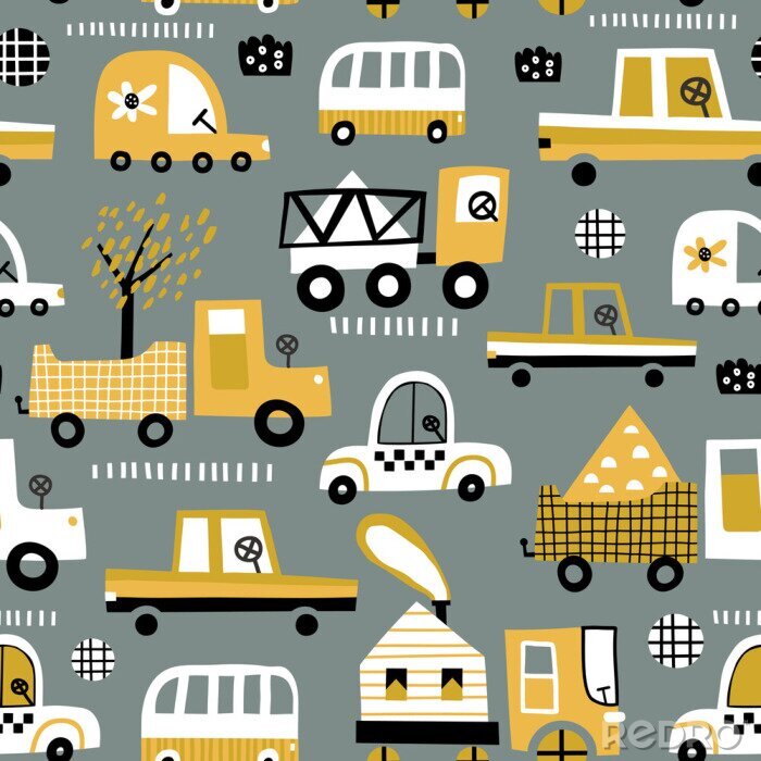 Papier peint à motif  Baby seamless pattern with hand drawn cute car. Perfect for kids fabric, textile, nursery wallpaper. Vector seamless pattern with doodle toy cars.