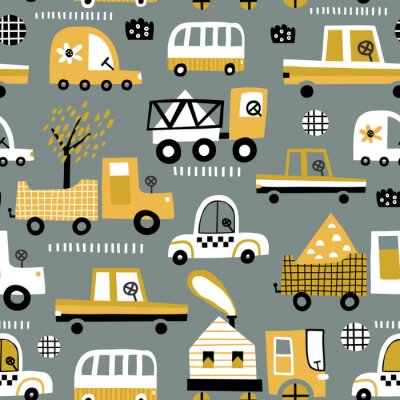 Papier peint à motif  Baby seamless pattern with hand drawn cute car. Perfect for kids fabric, textile, nursery wallpaper. Vector seamless pattern with doodle toy cars.