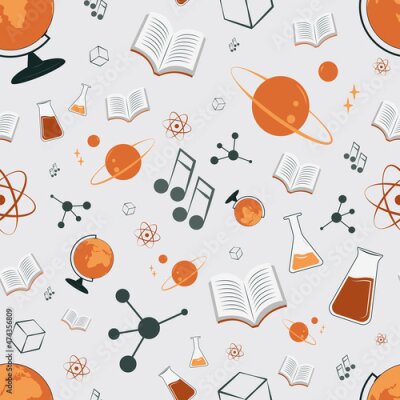 Papier peint à motif  Back To School seamless pattern with education supplies or stationery on light background. Colorful hand drawn vector illustration in realistic style for wrapping paper, wallpaper, backdrop.