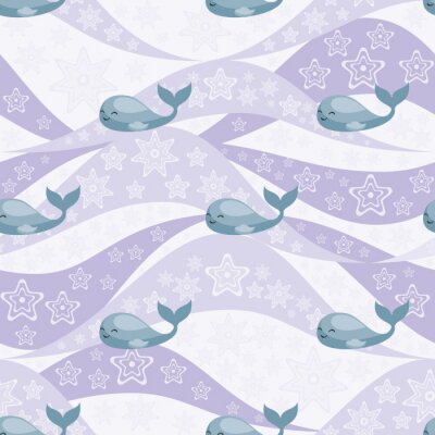 Papier peint à motif  Baleine et étoiles sur les vagues violettes