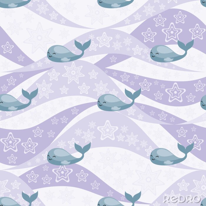 Papier peint à motif  Baleine et étoiles sur les vagues violettes