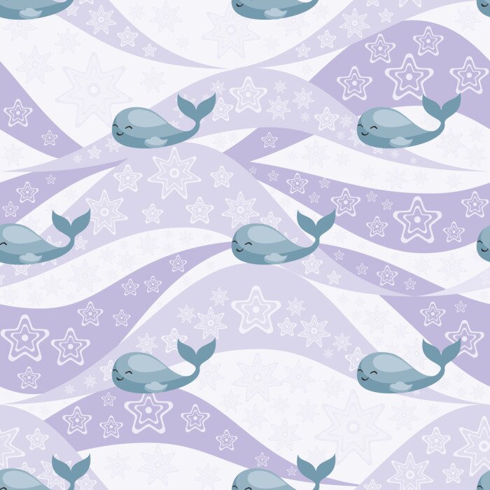 Papier peint à motif  Baleine et étoiles sur les vagues violettes