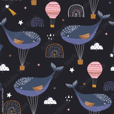 Papier peint à motif  Baleines avec des ballons dans le ciel nocturne