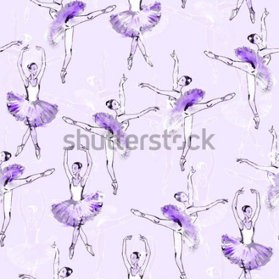 Papier peint à motif  Ballerines fond violet. Modèle sans couture de danseurs de ballet, dessin noir et argent, aquarelle, sur fond violet.