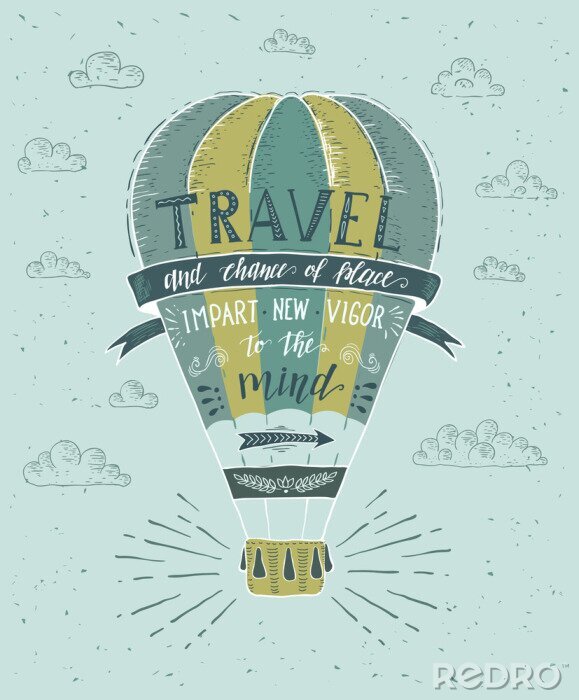 Papier peint à motif  Ballon vert et jaune avec un slogan sur le voyage