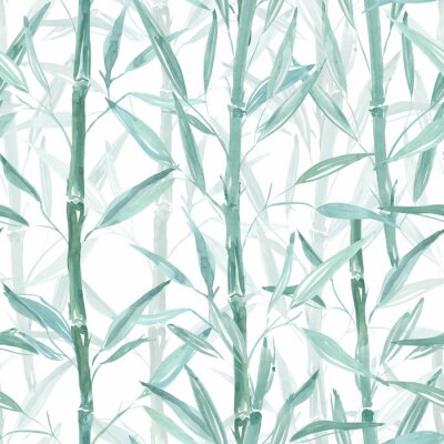 Papier peint à motif  Bambou bleu sur fond blanc