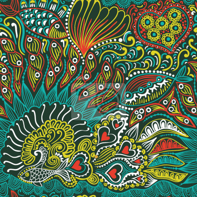 Papier peint à motif  Barrière de corail et poissons dans les tons de vert