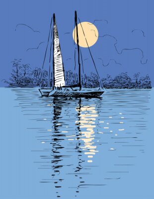 Bateau à voile dans la nuit au clair de lune