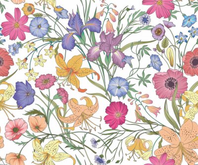 Papier peint à motif  Beau motif floral sans couture. Fleur illustration vectorielle. Champ de fleurs