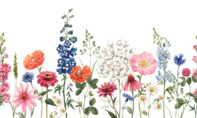 Papier peint  Beautiful floral summer seamless pattern with watercolor hand drawn field wild flowers. Stock illustration.