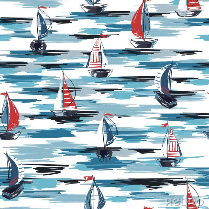 Papier peint à motif  Beautiful Hand drawn brush summer boat,ship in the ocean seamless pattern vector