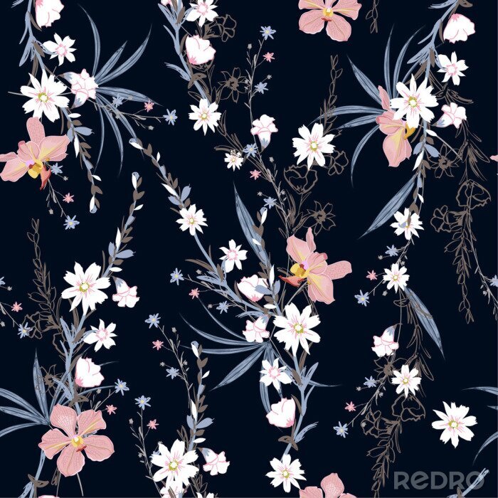 Papier peint à motif  Beautiful  seamless pattern of garden many kind of botanical plants,flowers,orchid ,floral design for fashion,fabric,wallpaper,web and all prints