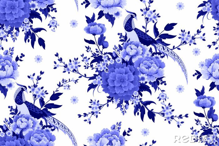 Papier peint à motif  Beautiful seamless pattern with diamond pheasant sitting on peony branch with blooming sakura,plum and daisies for summer dress in Chinese style