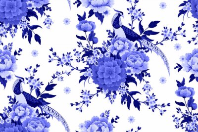Papier peint à motif  Beautiful seamless pattern with diamond pheasant sitting on peony branch with blooming sakura,plum and daisies for summer dress in Chinese style