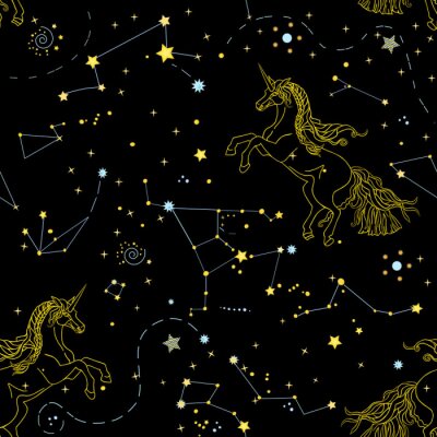 Papier peint à motif  Beautiful seamless pattern with galaxy and linear contour unicorns on the black background. Vector illustration