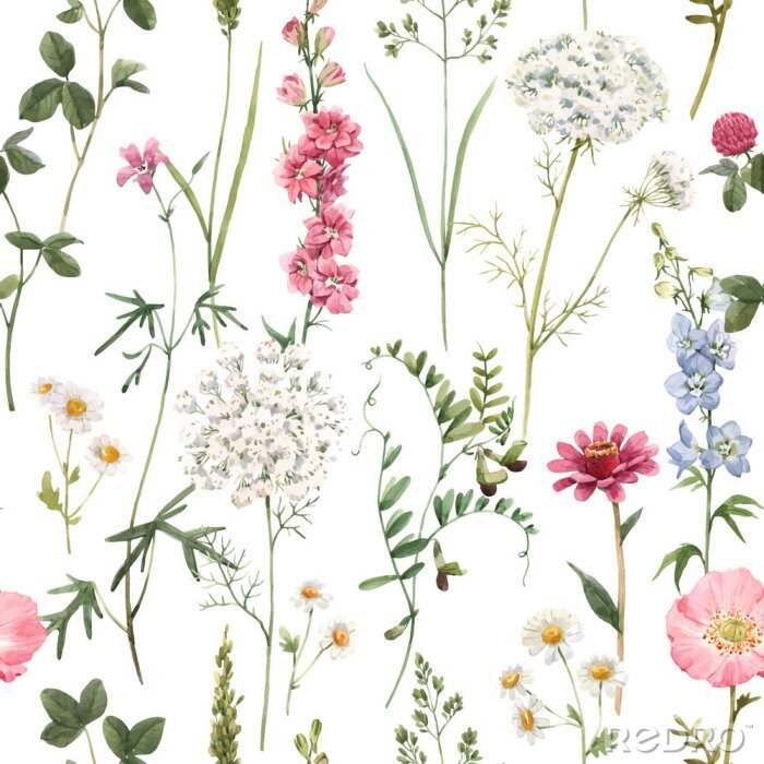 Papier peint à motif  Beautiful vector floral summer seamless pattern with watercolor hand drawn field wild flowers. Stock illustration.