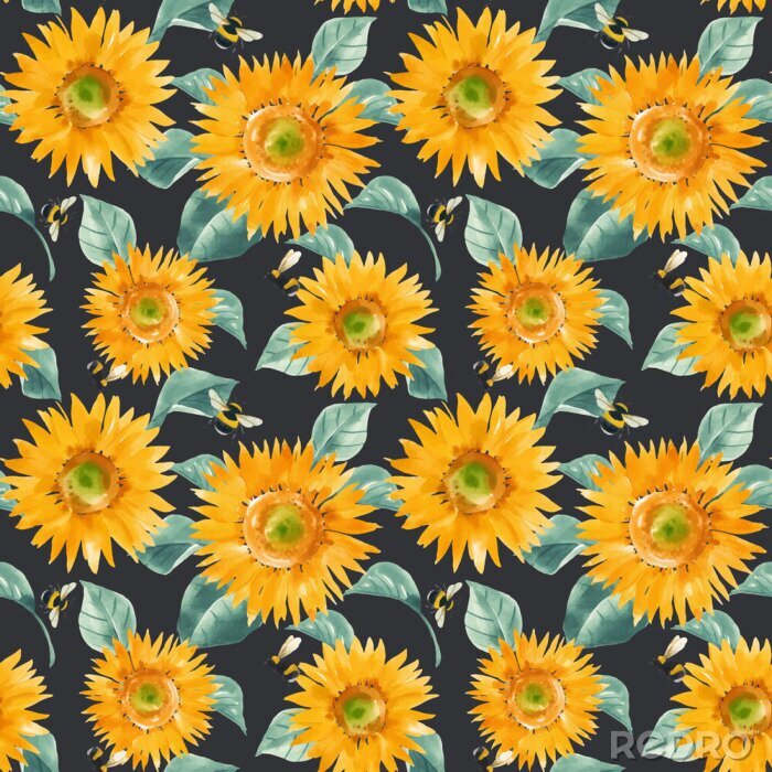 Papier peint à motif  Beautiful vector seamless pattern with watercolor hand drawn sunflowers. Stock summer illustration.