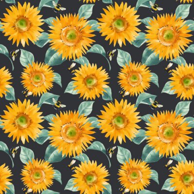 Papier peint à motif  Beautiful vector seamless pattern with watercolor hand drawn sunflowers. Stock summer illustration.