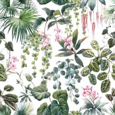 Papier peint à motif  Beautiful vector seamless tropical floral pattern with hand drawn watercolor exotic jungle flowers. Stock illustration.