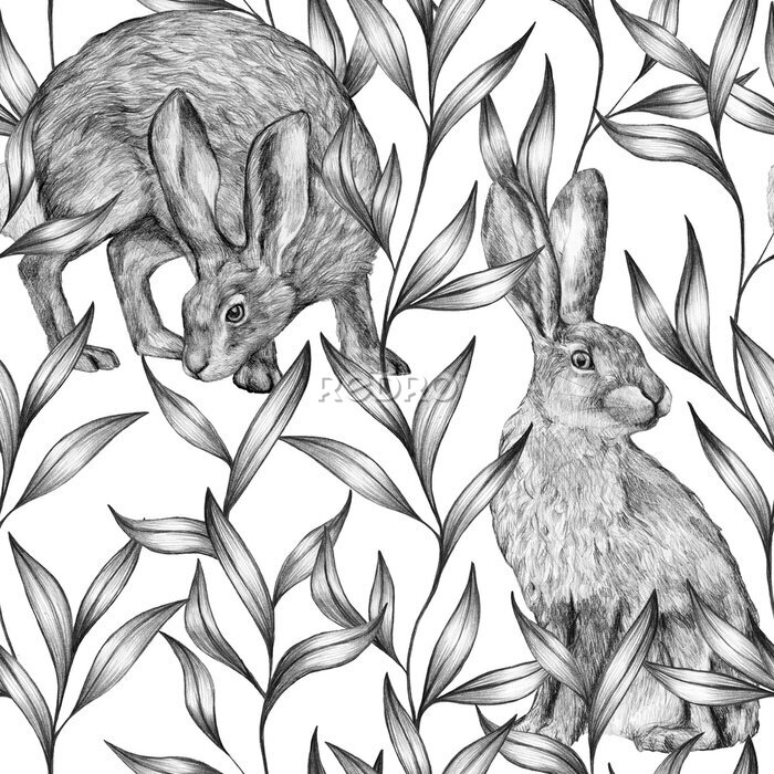 Papier peint à motif  Beautiful vintage seamless pattern. Pencil sketch of hares and ornamental plants. Graphic drawing on a white background. Wild animals and plants. Bunny wallpaper. 