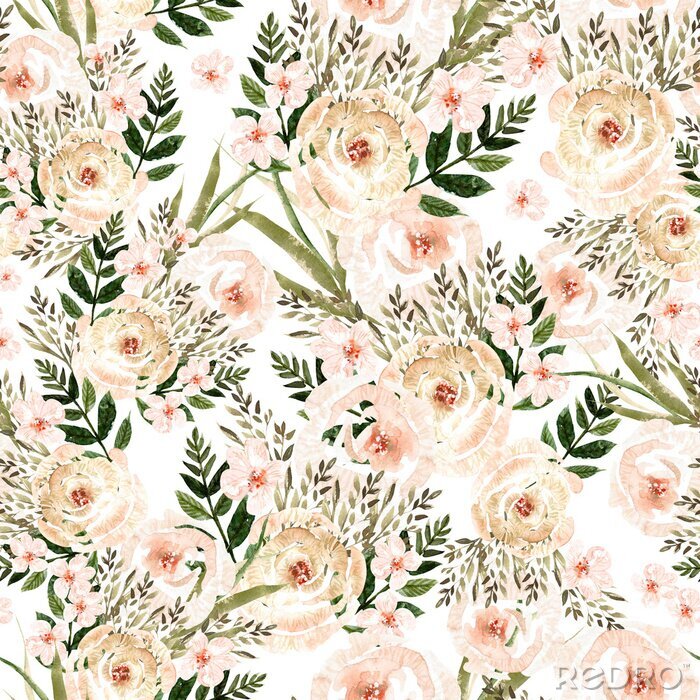 Papier peint à motif  Beautiful Watercolor seamless pattern with roses flowers and herbs. 