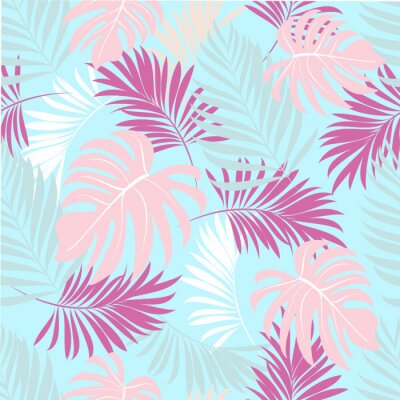 Papier peint à motif  Beaux palmiers - feuilles sur fond bleu