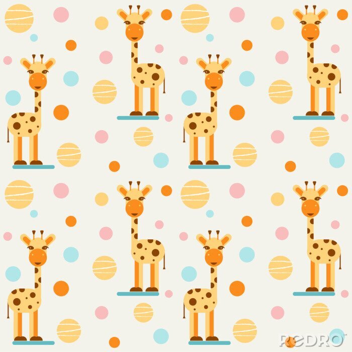 Papier peint à motif  Bébé girafes sur un fond géométrique