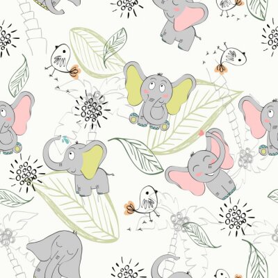 Papier peint à motif  Bébés éléphants avec des souris