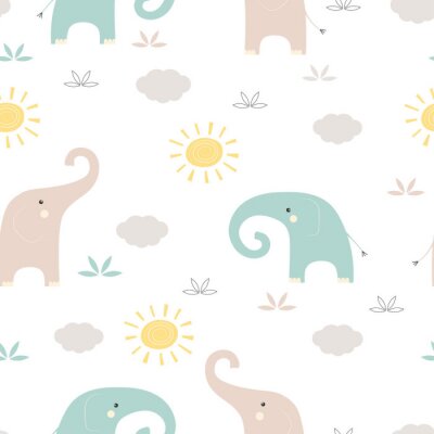Papier peint à motif  Bébés éléphants avec soleils et nuages