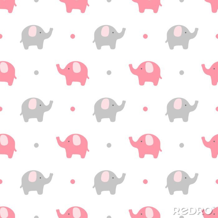 Papier peint à motif  Bébés éléphants gris et roses