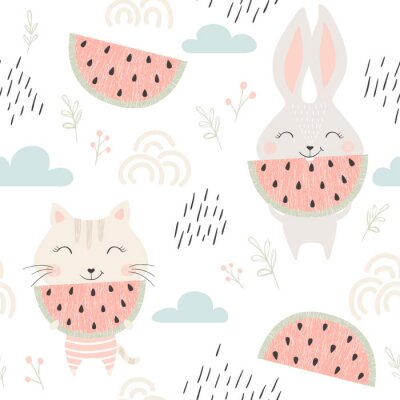 Papier peint à motif  Bébés lapins aux pastèques de style scandinave
