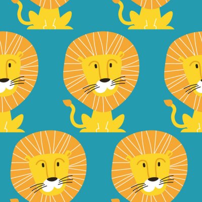 Papier peint à motif  Bébés lions sur fond bleu