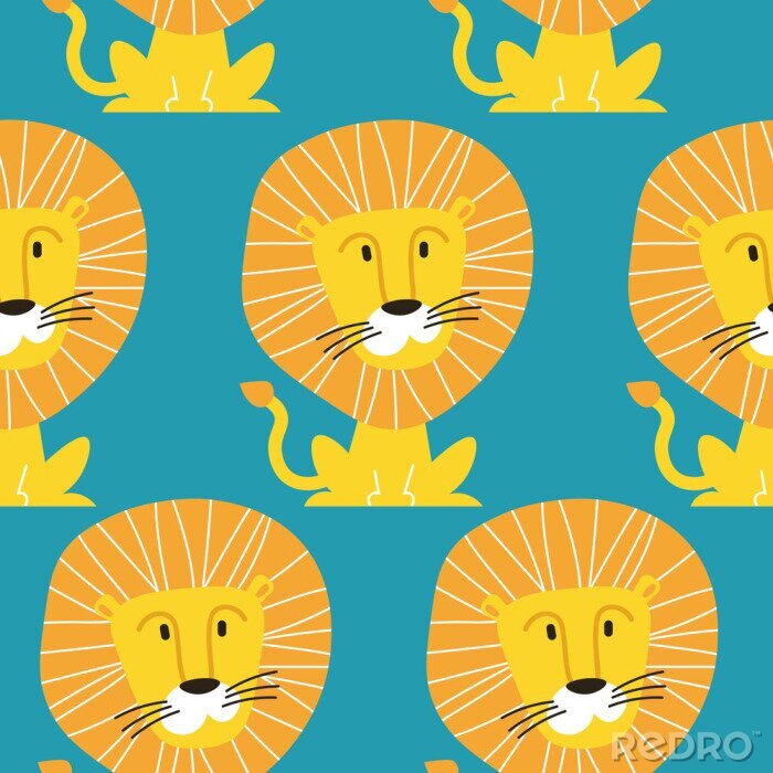 Papier peint à motif  Bébés lions sur fond bleu
