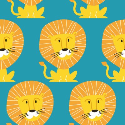 Papier peint à motif  Bébés lions sur fond bleu