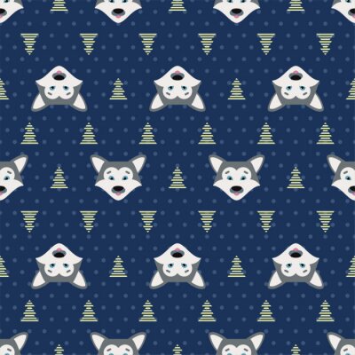 Papier peint à motif  Bébés loups et sapins de Noël sur fond bleu marine