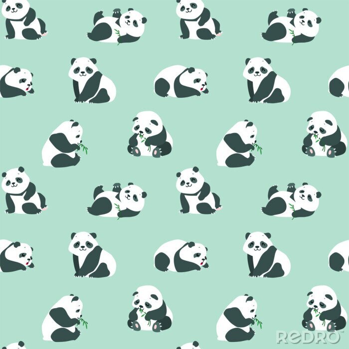 Papier peint à motif  Bébés pandas avec des feuilles de bambou sur fond vert